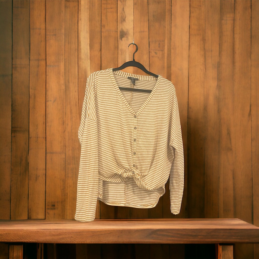 Forever 21 women’s orange & white striped long sleeve tee button-down (Size S)